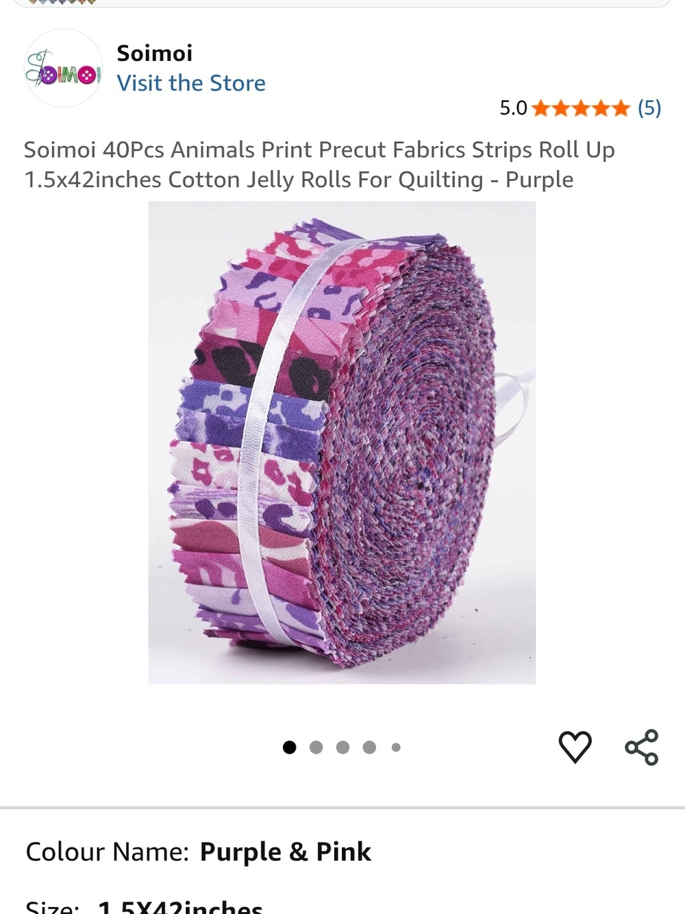 Soimoi 40Pc Animal Print Precut Fabrics Strips Roll Up 1.5x42" Cotton Jelly Roll